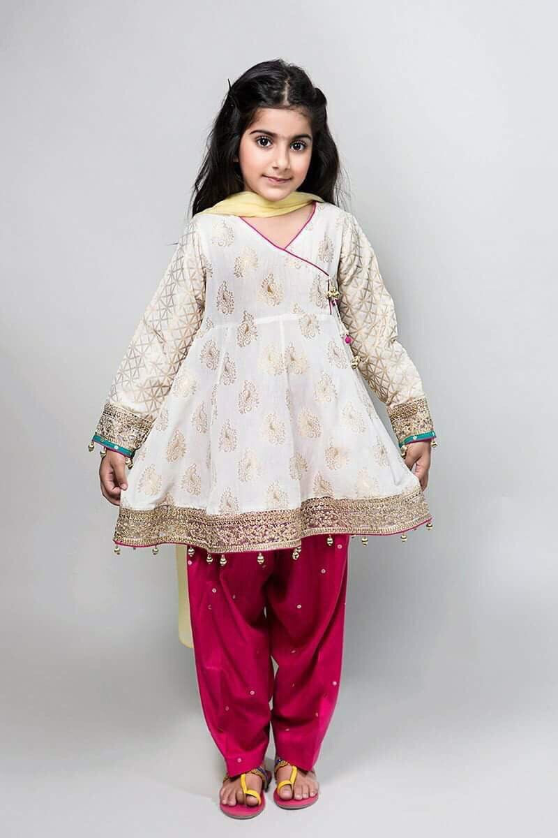 Buy Floral Angrakha Style Frock Kurta with Gunghroo and Tussel work -  Sharara and Dupatta in Pink by LITTLE BANSI at Ogaan Online Shopping Site