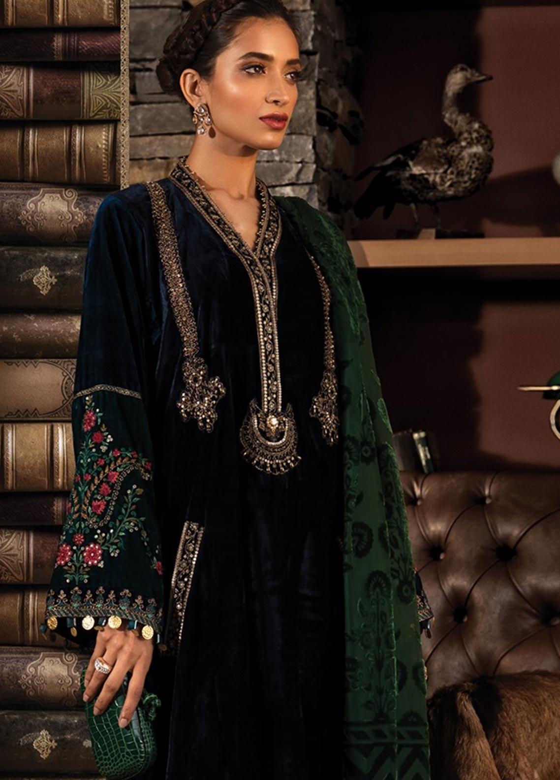 Maria B Embroidered Velvet Stitched 3 Piece Suit MB19W 11 - Winter Collection - Blossoms by Azz