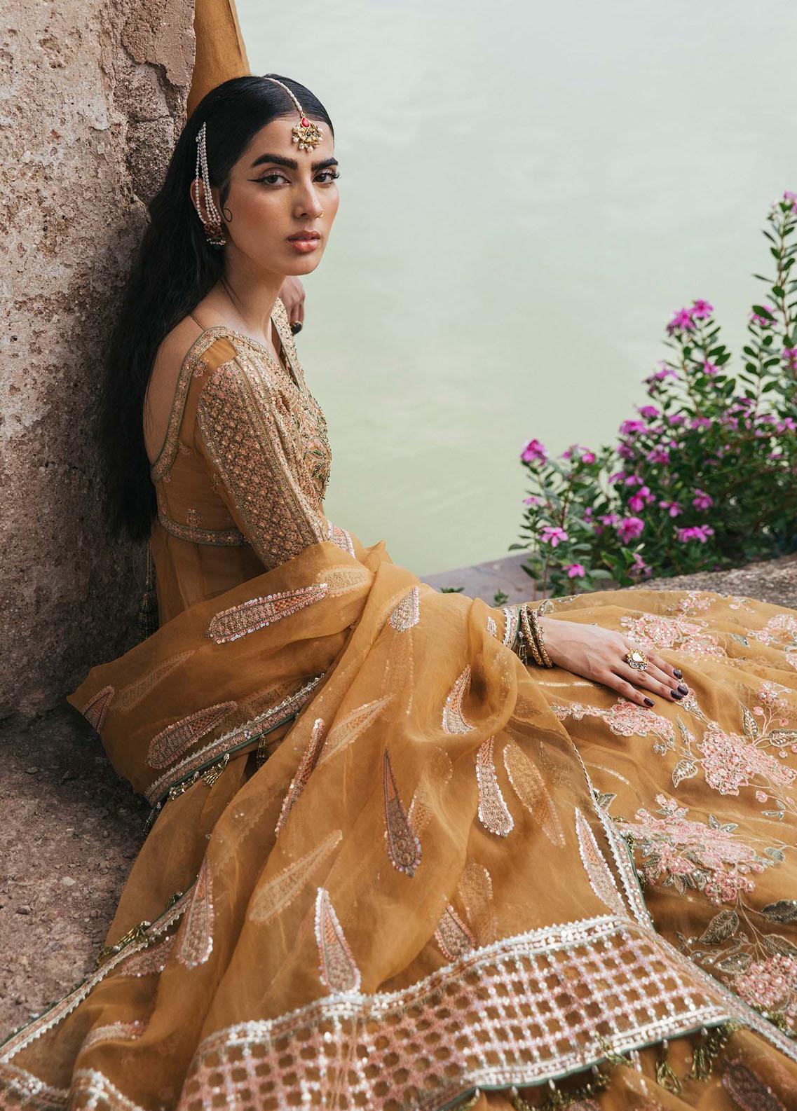 Buy Natural Fawn Lattice Patterned Mirrored Bridal Lehenga Online in India @ Mohey - Lehenga for Women